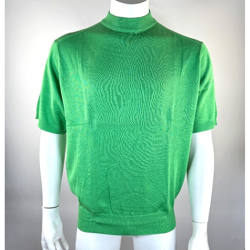 Genelli Silk Cotton Knit Shirt Mens M NWT Short Sleeve Mock Neck Bold Green Top